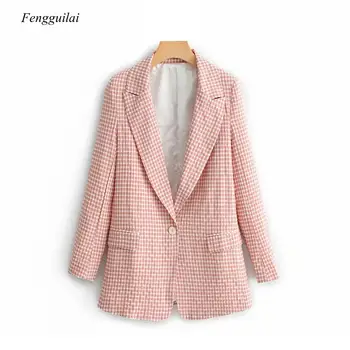 Mados Moterų rožinės spalvos pledas švarkas tiktų biuro ponios elegantiškas įpjovomis apykaklės, sportiniai švarkai (bleizeriai) ilgomis rankovėmis, švarkeliai mergaičių kostiumai nustatyti chic