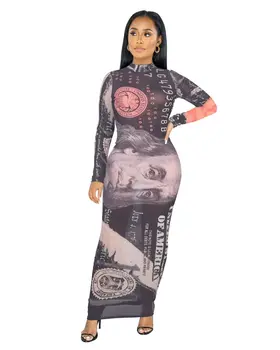 Seksualus Akių JAV Doleriais Ilga Suknelė Pinigų Spausdinti Bodycon Matyti Per Klubo Suknelė Moteris ilgomis Rankovėmis Golfo Pavasario Aprangos Drabužių
