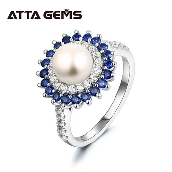 Natūralūs Gėlavandenių Perlų Safyras Sidabro Moterų Žiedas aplink 7mm Pearl Klasikinio Stiliaus Papuošalai Dovana Elegantiška Panele