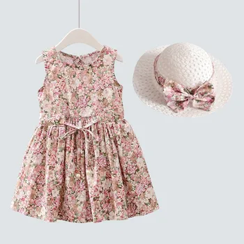 Karšto pardavimo 2020 m. Vaikų mergaičių naujas vasaros suknelė vaikų mados gėlių spausdinti medvilnės suknelė su skrybėle mergaitėms 3-8 metų !