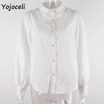 Yojoceli nauja pavasario vasaros baltos medvilnės nėriniai suknelė nėrimo mygtuką žemyn marškiniai, moterų blusas