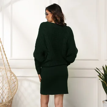 Rudenį ir žiemą naujas stilius plius dydis moterų prarasti šikšnosparnių rankovėmis megztinis vidutinio ilgio megztinis džemperis-suknelė