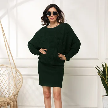 Rudenį ir žiemą naujas stilius plius dydis moterų prarasti šikšnosparnių rankovėmis megztinis vidutinio ilgio megztinis džemperis-suknelė