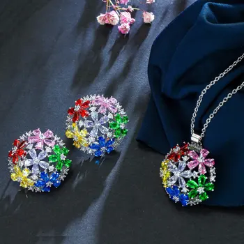 SINZRY 2018 gorgous šviesus CZ juvelyrika nustatyti, kubinių Zirconia spalvinga gėlių Karoliai Pakabukas Auskarai Papuošalų rinkiniai moterims