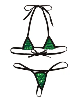 Moterų Sexy Bikini Rinkiniai, Blizgus Metalinis Mini Bikini apatinis Trikotažas Nustatyti Apynasrio Kaklo Kaklaraištis-dėl Bra Top su G-String Thong apatinės Kelnės Apatiniai