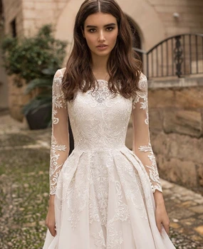 Spalvingas Princesė Vestuvių Suknelė Iki 2021 M-Line Long Sleeve Lace Appliques Mygtuką Valyti Traukinio Derliaus Nuotakos Suknelė Vestidos De Noiva