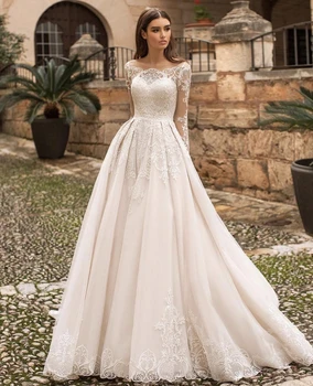 Spalvingas Princesė Vestuvių Suknelė Iki 2021 M-Line Long Sleeve Lace Appliques Mygtuką Valyti Traukinio Derliaus Nuotakos Suknelė Vestidos De Noiva