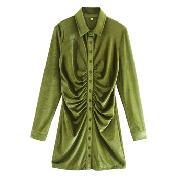 Derliaus Elegantiškas Puoštas Žalios Aksomo Mini Suknelė Moterų Mados Mygtukai Turn-žemyn Apykaklės Suknelės Moteriška Elegancija Vestidos