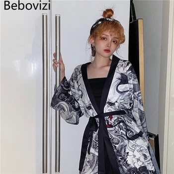 Bebovizi Japonų Stiliaus Demonas Spausdinti Megztinis Kimono Harajuku Anime Moterys Vyrai Cosplay Yukata Moterų Streetwear Tradicinių Haori