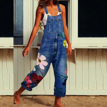 Kombinezonai su antkrūtiniais kelnės, kombinezonai gėlių spausdinti blue jeans Romper moterų mados džinsinio audinio kelnės, kombinezonai su antkrūtiniais Sexy ilgas chalatas chalatas 2020 naujų#s