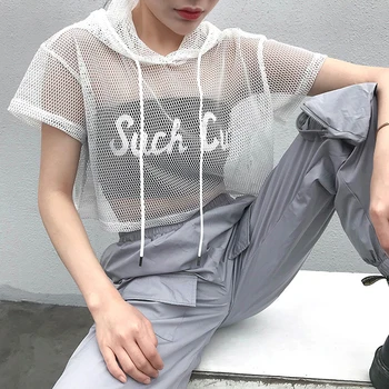 Trumpas Rankovės Marškinėliai Moterims Akių Viršų Gobtuvu Tuščiaviduriai Iš Sexy Punk Rock Trumpas Pasėlių Top White T-Shirt Juoda Žvejybos Tinklas