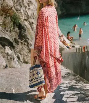2020 m. Bohemijos Derliaus Gėlių Spausdinti Ilgas Dizaino Kimono palaidinė batwing Rankovėmis Megztinis moterų marškiniai Maxi Paplūdimio blusas Atostogų