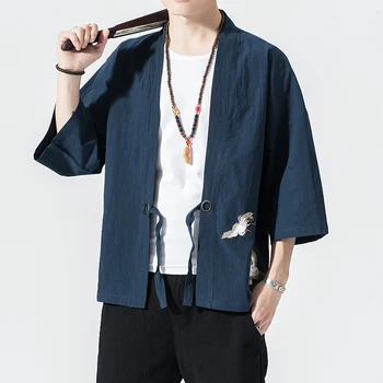 Vyrai Kinų Stiliaus Negabaritinių Vintage Marškinėliai Mens Atidaryti Dygsnio Kimono Marškinėliai Drabužių Vyrų Rudens Black Marškinėliai
