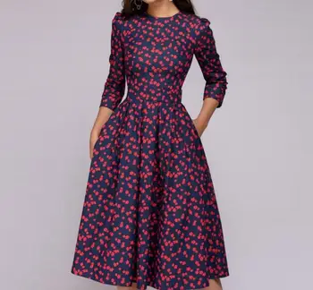 Moterų Elegantiškas-line Suknelė Vintage spausdinimo šalis Trys Ketvirtį Rankovės moterų Pavasario Suknelė