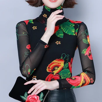 2020 Naujas Mados Plona ilgomis Rankovėmis Gėlių Palaidinė Moterims Topai OLIS Golfo Spausdinti Moterų Marškiniai Megztinis Chemisier Femme 7517 50