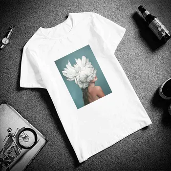 Camisetas Verano Mujer Estetinės Marškinėlius Moterims Gėlių, Plunksnų Harajuku Spausdinti Viršūnes Tees Trumpas Rankovės Atsitiktinis Juoda Balta Marškinėliai