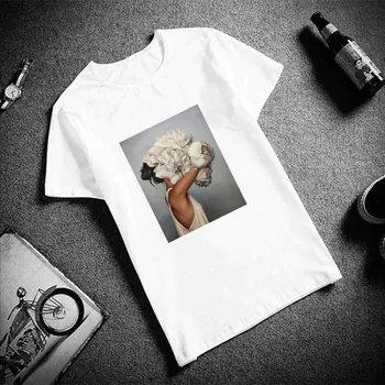 Camisetas Verano Mujer Estetinės Marškinėlius Moterims Gėlių, Plunksnų Harajuku Spausdinti Viršūnes Tees Trumpas Rankovės Atsitiktinis Juoda Balta Marškinėliai