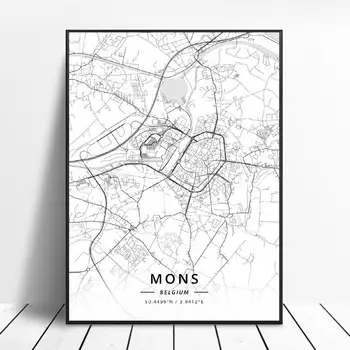 Mons Liege Šarlerua Leuven Gentas-Antverpenas, Briuselis, Belgija Drobė Meno Žemėlapį Plakatas