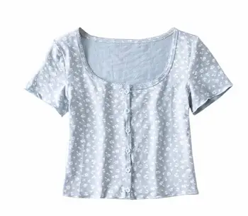5 Spalvų PRAŠMATNUS 70 Derliaus, O kaklo Gėlių Trumpas Rankovėmis Tee Base T-shirts 2020 m. Mergina Single-breasted Mygtuką Trumpas T-shirt, derliaus viršų