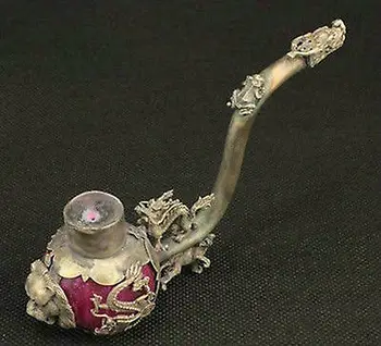 Išskirtinį Kinijos Derliaus Tibeto Sidabro Inkrustacijos su Dirbtiniais Jade rankų darbas Dragon Rūkymas Vamzdis