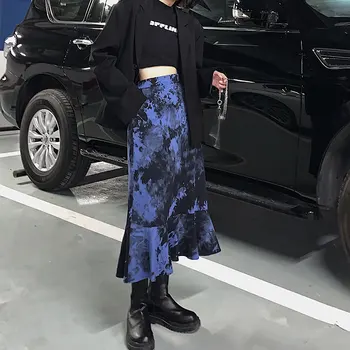 InsGoth Harajuku Mėlynas Kaklaraištis Dažų Sijonas Goth Punk Aukšto Juosmens Pynimas Sijonai Streetwear Kratinys Linija Moterų Sijonai Šalies Klubas Dėvėti