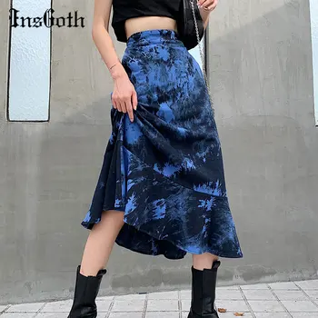 InsGoth Harajuku Mėlynas Kaklaraištis Dažų Sijonas Goth Punk Aukšto Juosmens Pynimas Sijonai Streetwear Kratinys Linija Moterų Sijonai Šalies Klubas Dėvėti