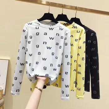 Harajuku long Sleeve T-shirt Moterims, Trišakiai korėjos Stilių, raidę, print T-shirts Merginų Vasaros Mada juoda viršūnes Spausdintos raidės