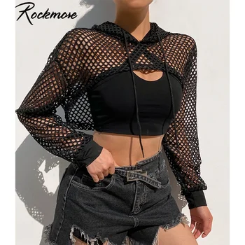 Rockmore Sexy Juoda Akių žvejybos tinklas Top Moterų Marškinėlius Matyti Per Smock Long Sleeve T-shirts Apkarpytos Top Marškinėliai, Streetwear 2021