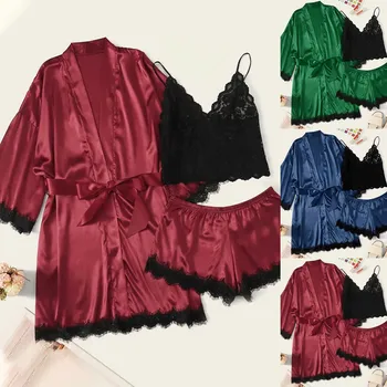 Mados Satino, Šilko Pajama Komplektai Moterų Nėriniai Rankovių Viršūnes Trumpas apatinis Trikotažas Chalatas Kimono Apatiniai Sleepwear Seksualus naktiniai drabužiai#g3