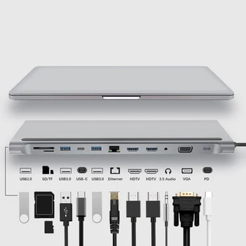 12-In-1 C Tipo Hub USB C iki HDMI, VGA, RJ45, USB 3.1 Uostų SD/TF Kortelių Skaitytuvas USB-C Maitinimo Pristatymo už 