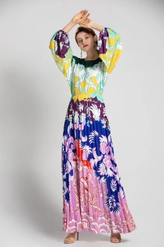 Moterų kilimo ir tūpimo Tako Suknelės, O Kaklas Ilgas Žibintų Rankovėmis Atspausdintas Seksuali Maža V Atgal Elegantiškas Maxi Dizaineris Suknelė