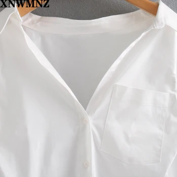 XNWMNZ za moterų popelinowy marškinėliai Johnny apykakle ilgomis rankovėmis, asimetriškas hem mygtuką priekyje Moterų top Mujer
