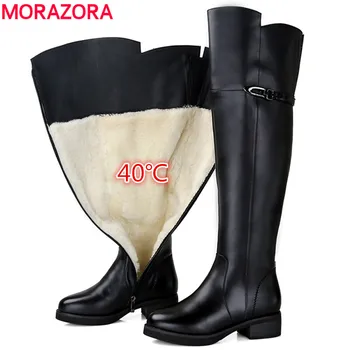 MORAZORA 2020 Sniego batai moterims, natūralios odos šlaunies storas kailis natūrali vilna žieminiai batai, suapvalinti tne mados per kelius siekiantys batai