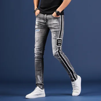 Madinga neveikiančių skylę išsiuvinėti pilka džinsai paauglių vyrų rudenį prekės prarasti korėjos plonas kojų kelnės, vyriški laisvalaikio pieštuku kelnės