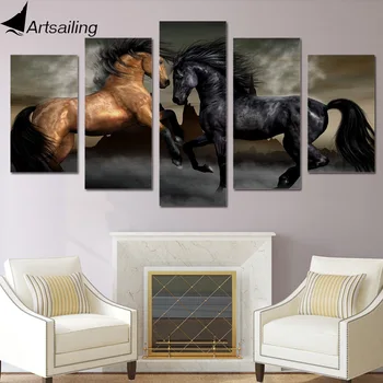 HD Atspausdinta 5 gabalo drobės meno juoda ruda arklių tapybos sienos nuotraukas gyvenimo kambario sienos meno Nemokamas pristatymas/ny-2946
