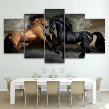 HD Atspausdinta 5 gabalo drobės meno juoda ruda arklių tapybos sienos nuotraukas gyvenimo kambario sienos meno Nemokamas pristatymas/ny-2946