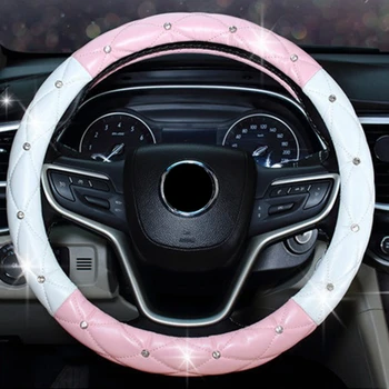 Vairas Padengti moterų diamond Apdaila Automobilio Vairo Dangtelis rožinės spalvos automobilių aksesuarų mergaitėms Blingbling Mielas 37/38cm 15 