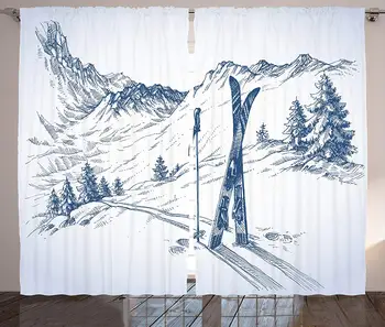 Žiemos Dekoro Užuolaidos Paviršutiniškas Grafinis iš Kalnų su Slidėmis Elementai Sniego Atsipalaiduoti Ramus Peržiūrėti Kambarį Miegamojo Lango Užuolaidos