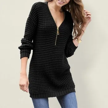 Naujas mados, šiltas, patogus ir seksualus karšto pardavimo megztinis vidutinio ilgio užtrauktukas v-kaklo džemperis-suknelė