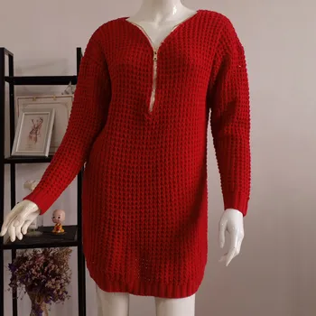 Naujas mados, šiltas, patogus ir seksualus karšto pardavimo megztinis vidutinio ilgio užtrauktukas v-kaklo džemperis-suknelė