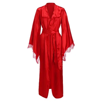 Juoda Raudona Nėrinių Chalatai Moterims, Sexy Satin Kimono Ilgas Chalatas Chalatas moteriškas apatinis Trikotažas Sleepwear Diržo Pižama Pižamą Bata de mujer