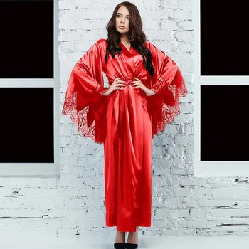 Juoda Raudona Nėrinių Chalatai Moterims, Sexy Satin Kimono Ilgas Chalatas Chalatas moteriškas apatinis Trikotažas Sleepwear Diržo Pižama Pižamą Bata de mujer