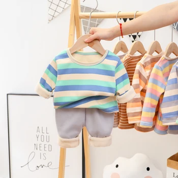 Naujų 2020 m. Vaikų Berniukų Tirštėti Pajama Komplektai Dryžuotas O-Kaklo Marškinėliai Topai su Kūdikių Kelnės Mergaitėms, Rudenį, Žiemą Šilta Miego Drabužiai