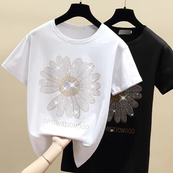 Naujas Mados Ins Karšto kalnų krištolas Laisvi marškinėliai Moterims 2020 Metų Vasaros Mažas Daisy Trumpas Rankovės Sun Flower Medvilnės Marškinėlius Viršų
