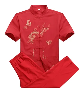 Kinijos Vyrų Medvilnės Kung Fu Kostiumas Siuvinėjimo Wu Shu Vienodas Chi Drabužių trumpomis Rankovėmis Marškiniai+Ziajać M L XL XXL XXXL MS013