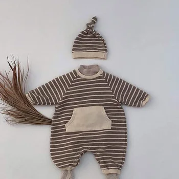 MILANCEL 2020 m. Žiemos Nauji Kūdikių Drabužiai Dryžuotas Kūdikių Romper Tirštėti Bamblys Merginos Jumpsuit su Baby Skrybėlę