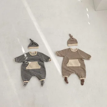 MILANCEL 2020 m. Žiemos Nauji Kūdikių Drabužiai Dryžuotas Kūdikių Romper Tirštėti Bamblys Merginos Jumpsuit su Baby Skrybėlę