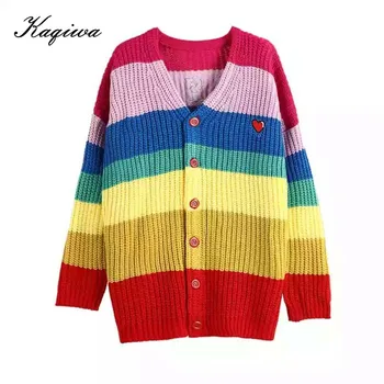Pavasarį ir rudenį 2020 naujas Rainbow Juostele V-kaklo, elastinga laisvi megztiniai megztinis kailis moterų ju raudonos spalvos džemperis B-137