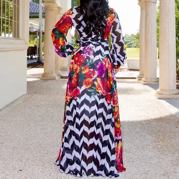 Mados 2020 Juostele Gėlių Spausdinti Ilgomis Rankovėmis Šifono Suknelė Moterims Afrikos V Kaklo Ponios Atsitiktinis Boho Maxi Rudenį Rudenį Ilga Suknelė