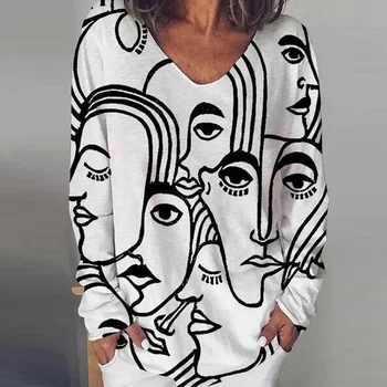 Moterų Elegantiškas Abstrakčiai Spausdinti V Kaklo Palaidinė Marškinėliai 2020 M. Rudenį Ilgomis Rankovėmis Prarasti Viršūnes Puloveris Atsitiktinis Streetwear Plius Dydis Blusas